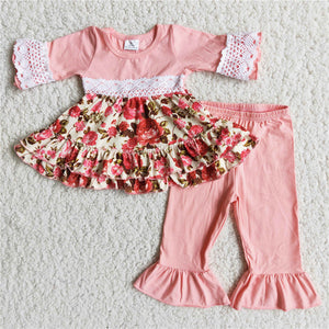 6 A17-26 girl pink lace floral flower 3/4 sleeve fall spring set--promotion 2024.10.19 $2.99