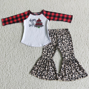 girl winter plaid leopard christmas tree truck long sleeve set