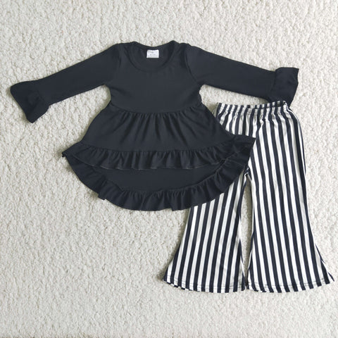 girl black top stripe bell pants winter set