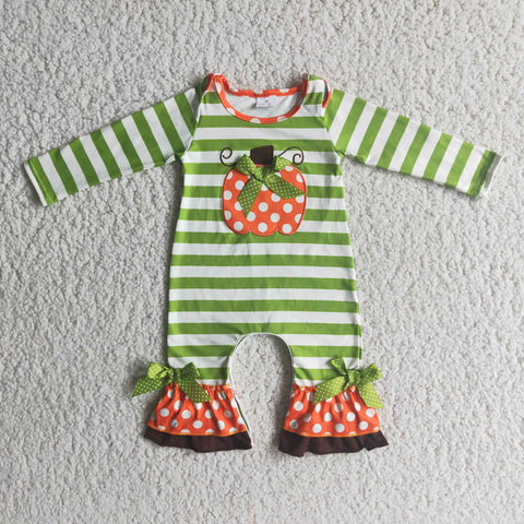 girl halloween green stripe pumpkin emboridery romper