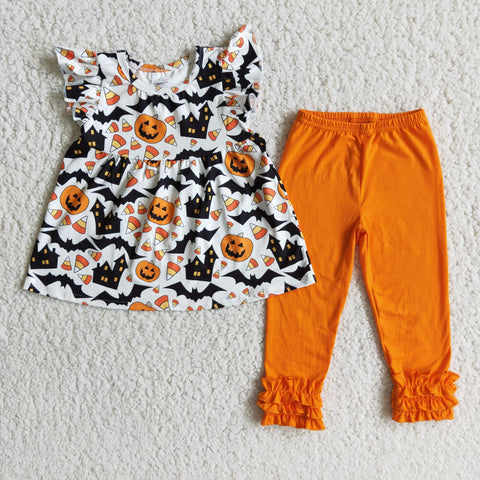 E3-5 Girl halloween flutter sleeve orange pumpkin set-promotion 2023.9.25