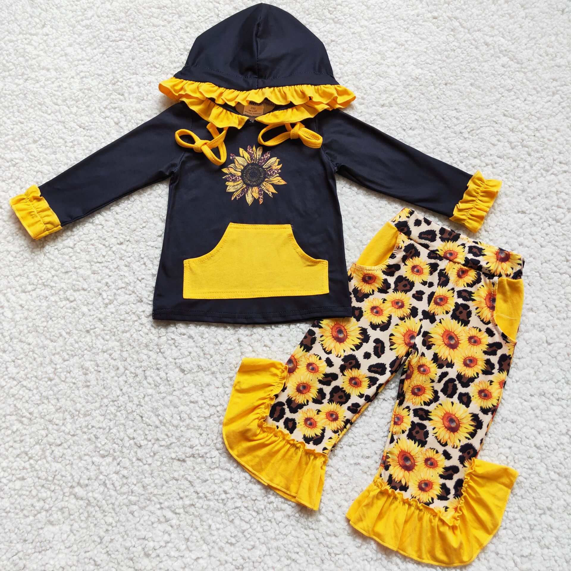 6 A8-28 girls sunflower hoodies pocket ruffles yellow set-promotion 2023.12.23