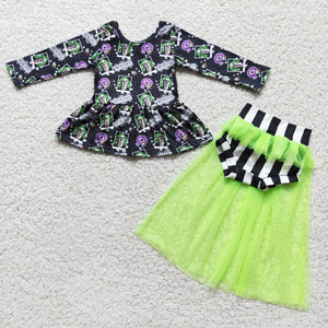 6 A8-27 girls halloween green tulle skirt set--promotion 2024.9.28 $2.99