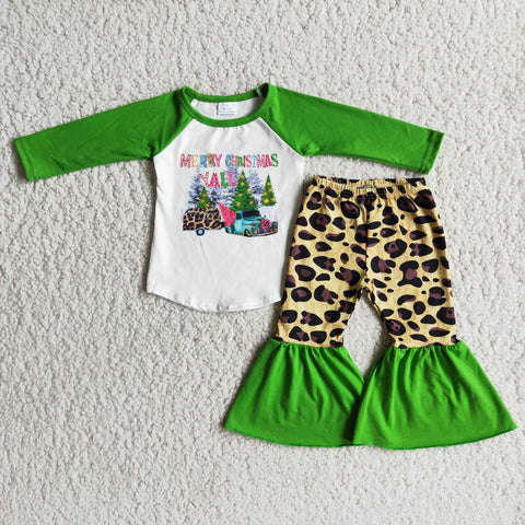 girl green merry christmas leopard long  sleeve winter set