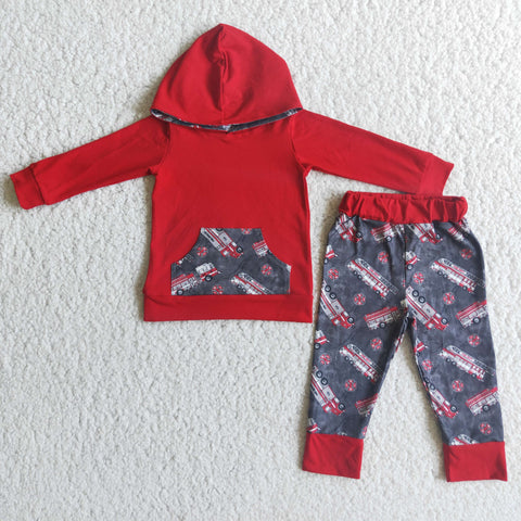 boy red hoodies winter fire truck long sleeve set