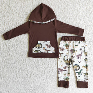 boy hoodies brown dinosaur winter long sleeve set