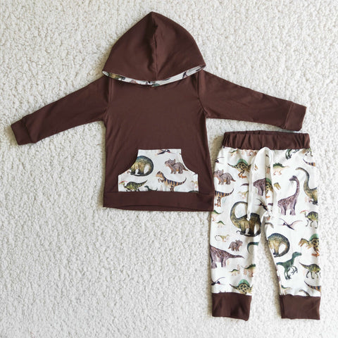 boy hoodies brown dinosaur winter long sleeve set