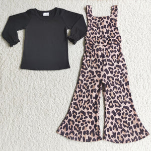 girl leopard winter long sleeve set black shirt +jumpsuit