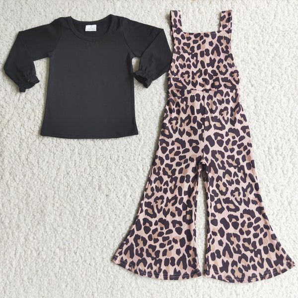 girl leopard winter long sleeve set black shirt +jumpsuit