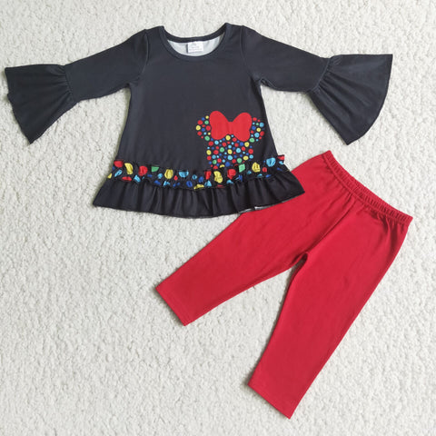 girl  black top red pants christmas long sleeve set