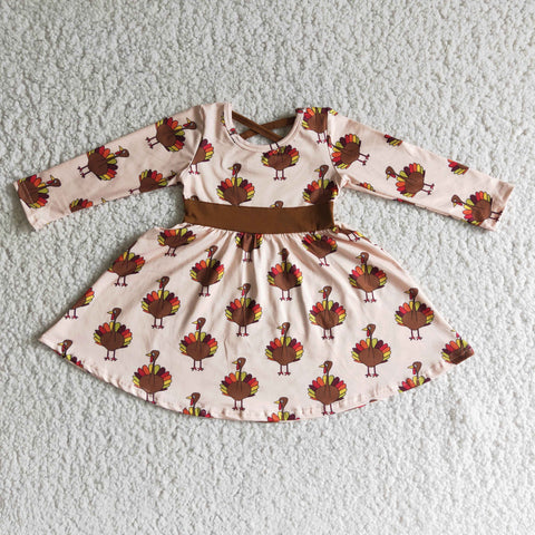 6 C10-19 girl thanksgiving turkey brwn long sleeve dress - promotion 2023.10.14