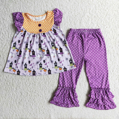 girl purple halloween pumpkin flutter sleeve set