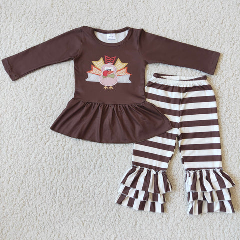 6 A29-17 baby girl clothes turkey brown stripe thanksgiving winter set--promotion 2024.10.19 $2.99