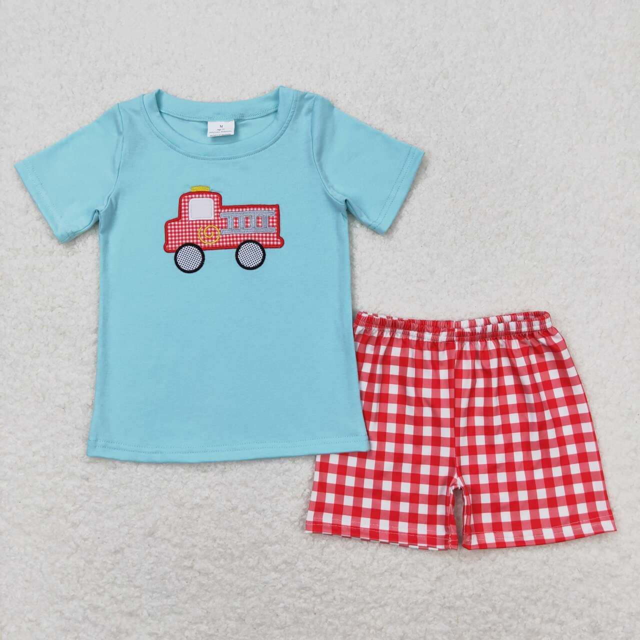 BSSO0549 RTS baby boy clothes fire truck embroidery boy summer outfits