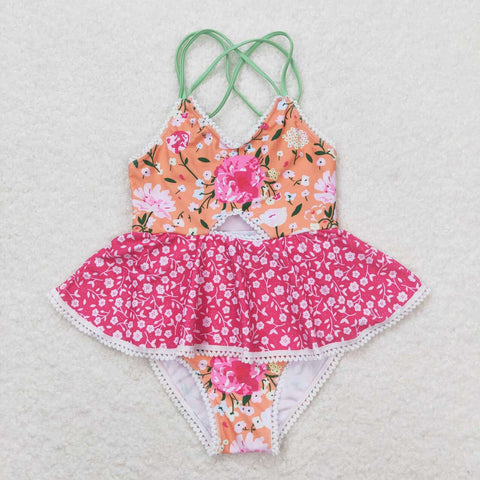 S0249 RTS baby girl clothes pink floral girl summer swimsuit