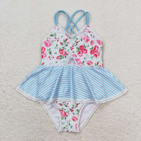 S0248 RTS baby girl clothes blue floral girl summer swimsuit