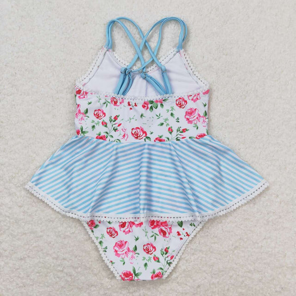 S0248 RTS baby girl clothes blue floral girl summer swimsuit