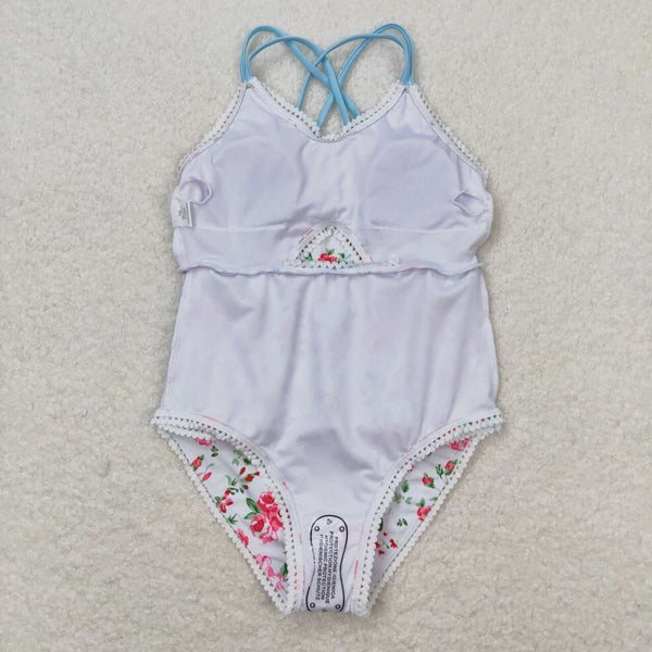 S0248 RTS baby girl clothes blue floral girl summer swimsuit