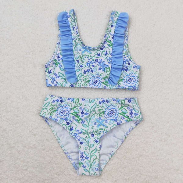 S0279 RTS baby girl clothes blue green floral girl summer swimsuit