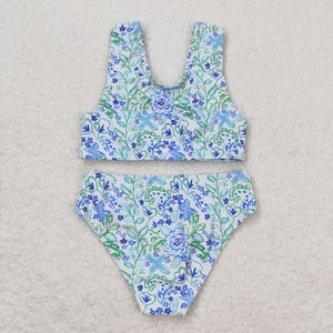 S0279 RTS baby girl clothes blue green floral girl summer swimsuit