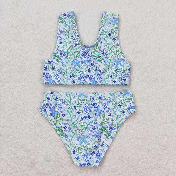 S0279 RTS baby girl clothes blue green floral girl summer swimsuit