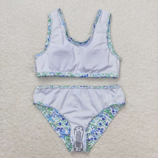 S0279 RTS baby girl clothes blue green floral girl summer swimsuit