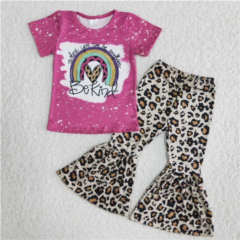 B15-23 girl hot pink rainbow leopard short sleeve spring fall set-promotion 2024.1.6