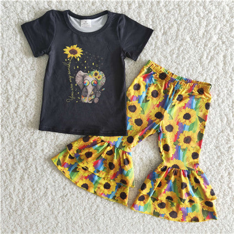 B16-10 promotion baby girl clothes elephant sunflower bells set bell bottom outfit-promotion 2024.2.44 $2.99