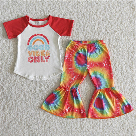 girl orange tie dye good vibes only short sleeve spring fall set