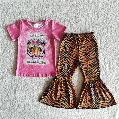 B11-14 girl hey all you tiger pink short sleeve spring fall set-promotion $2.99 2024.4.27