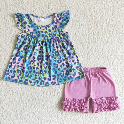 GSSO0025 kids clothing colorful leopard flutter sleeve summer set-promotion 2024.5.11 $5.5