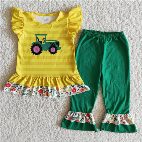 B9-16  girl yellow green truck farm short sleeve spring fall set-promotion 2024.2.44 $2.99