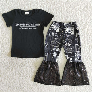 girl black sequin short sleeve spring fall set