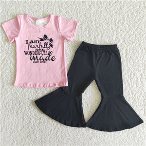 B8-15 girl fall pink bow short sleeve black bell pants set-promotion 2024.7.6 $2.99