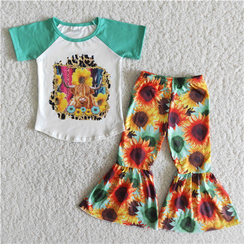 B9-3 girl green cow farm short sleeve spring fall set-promotion 2024.7.13 $2.99