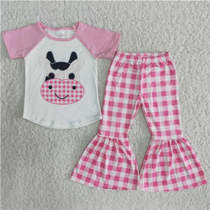 B9-11 girl pink cow farm plaid short sleeve spring fall set-promotion $2.99 2024.4.27