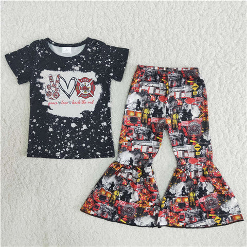 B8-23 girl peace love black fire truck short sleeve spring fall set-promotion