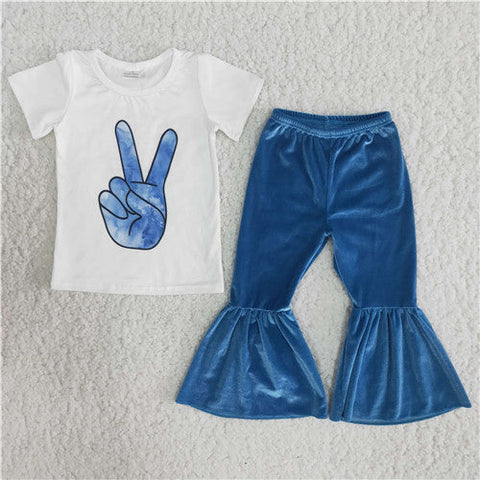 B8-16 girl blue velvet pants fall spring set-promotion 7.17