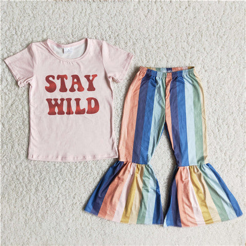 C11-3 RTS baby girl clothes stay wild colorful stripe spring fall set girl bell bottom set-promotion 2023.8.21