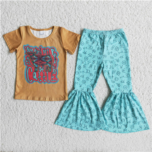 girl cattle cow farm short sleeve spring fall set