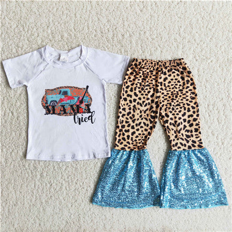 A6-11 girls mama tried leopard sequin fall spring short sleeve set-promotion 6.1 $2.99