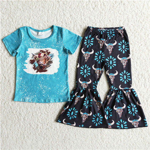 D8-28 girl blue cow farm short sleeve fall spring set-promotion 2024.1.20