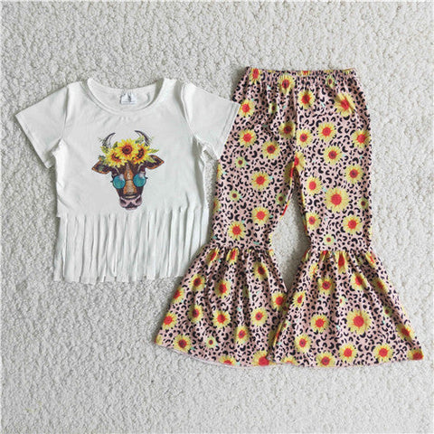 C4-2 girl cow sunflower farm tassel short sleeve fall spring set-promotion 2024.6.15 $2.99