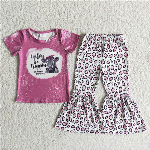 C3-24 girl cow farm pink leopard short sleeve fall spring set-promotion 2024.1.6