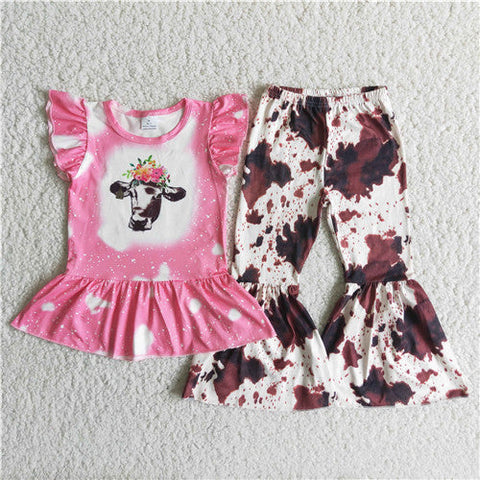 C8-13 girl cow farm pink leopard short sleeve fall spring set-promotion 2024.7.6 $2.99