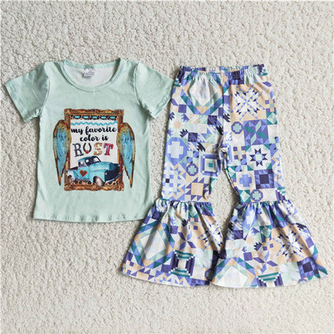 girl green rust short sleeve fall spring set