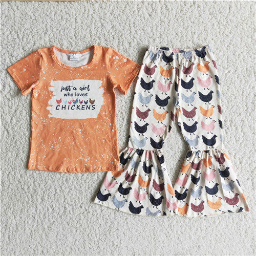 girl fall orange farm chicken short sleeve bell botton set