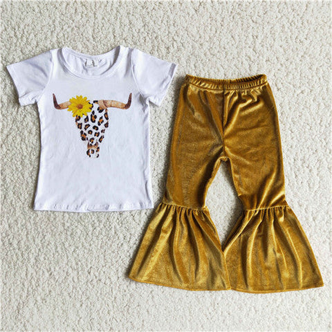 girl cow yellow farm velvet pants fall spring set