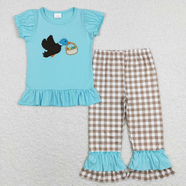 GSPO1022 baby girl clothes blue mallard duck egg embroidery girl easter clothes