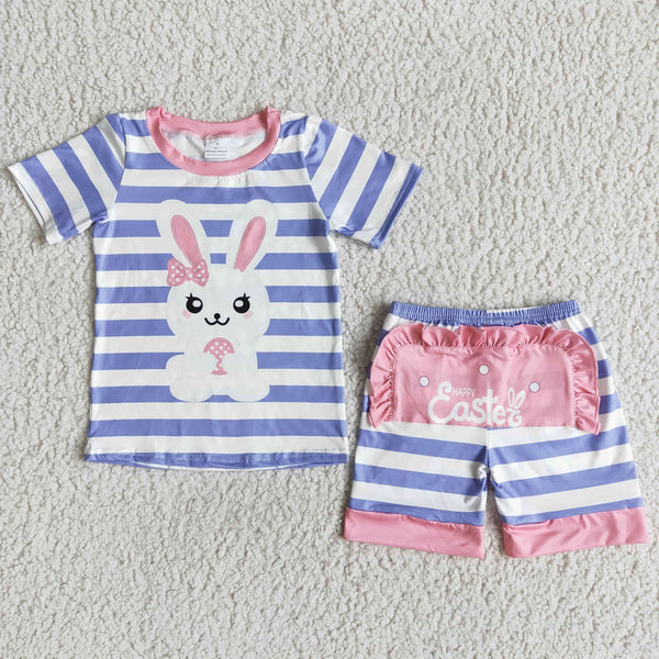 E7-17 girl easter bunny rabbit purple stripe short sleeve set-promotion 2024.1.13 $5.5